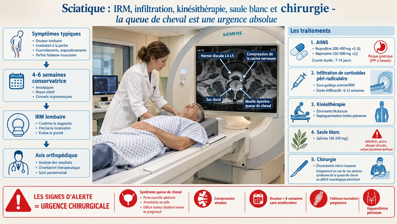 Symptômes unilatéraux, fourmillements, choc électrique, brûlure du bas du dos au pied ; 85–90 % de guérison en 6–8 semaines par mouvement doux plutôt qu'alitement.