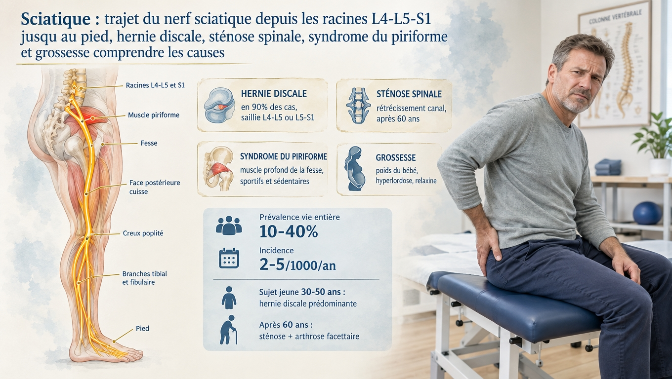 Le nerf sciatique (L4-S3), le plus long du corps ; 90 % de hernie discale L4-L5/L5-S1, sténose spinale après 60 ans, syndrome du piriforme et grossesse.