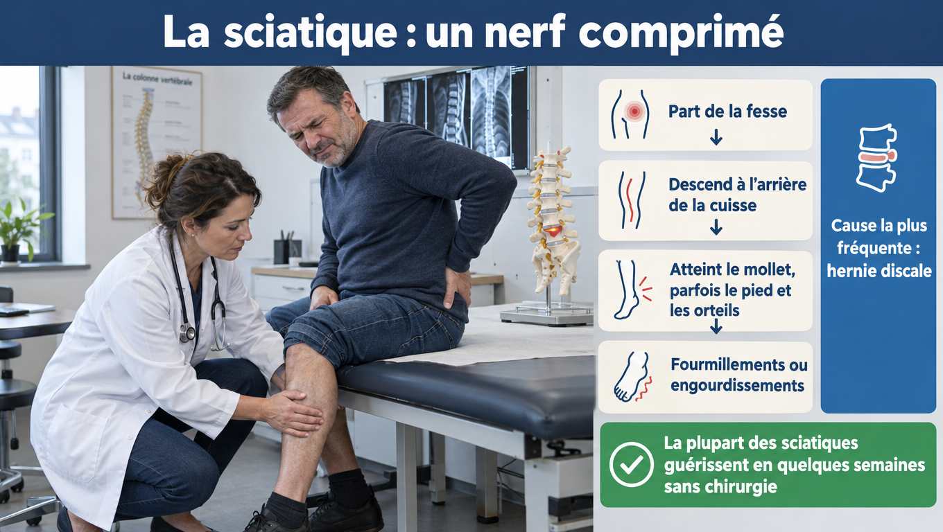« Sciatique : trajet de la douleur, fourmillements, lien avec la hernie discale et guérison spontanée en quelques semaines dans la plupart des cas. »