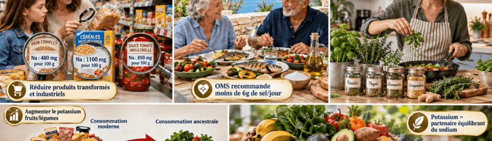 Composition éditoriale d'une cuisine française moderne vue à travers 5 panneaux documentariels : en haut à gauche, une mère française de 38 ans avec sa fille de 10 ans au supermarché examine la chapelure du pain, une boîte de céréales du petit-déjeuner et une sauce tomate industrielle à la loupe, étiquetage « Na 480 mg/100g (pain), Na 1 100 mg/100g (céréales), Na 850 mg/100g (sauce tomate) » ; en haut au centre, un couple de séniors méditerranéens (65 et 70 ans) partagent un repas traditionnel (poisson grillé, légumes vapeur, huile d'olive et fleur de sel de mer), badge doré « Cultures traditionnelles : < 3 g NaCl/jour — pas d'hypertension » ; en haut à droite, une jeune femme de 32 ans cuisinant à la maison troque le sel contre des herbes aromatiques fraîches (basilic, thym, romarin, gingembre) ; en bas à gauche, grande balance nutritionnelle comparative « Traditionnel : ≤ 3 g/jour » vs « Moderne : 10-12 g/jour (+ 300 %) », graphique en flèche montante, avec pictogramme cœur ; en bas à droite, panier coloré de fruits et légumes frais riches en potassium (bananes, épinards, avocat, patate douce, haricots blancs) — badge doré « Potassium = partenaire équilibrant du sodium ». Badges complémentaires : « OMS recommande < 6 g sel/jour », « Augmenter le potassium fruits/légumes », « Cuisiner maison + herbes aromatiques », « Lire les étiquettes : sodium caché », « Réduire les produits transformés ».
