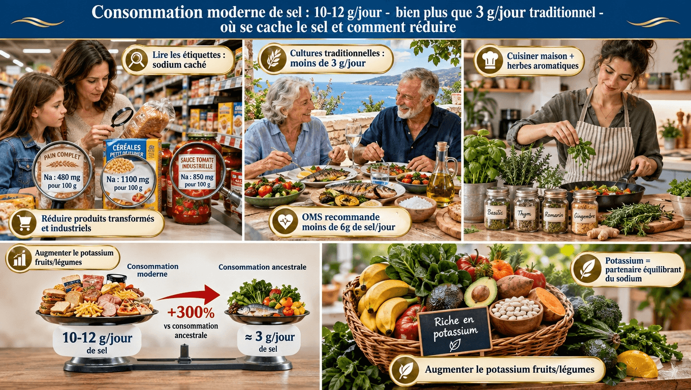« Sel moderne 10-12 g vs traditionnel < 3 g : différence de 300 %. Pain, céréales, sauces : 75-80 % du sodium est caché. Ratio K/Na déséquilibré — augmenter fruits/légumes riches en potassium. »