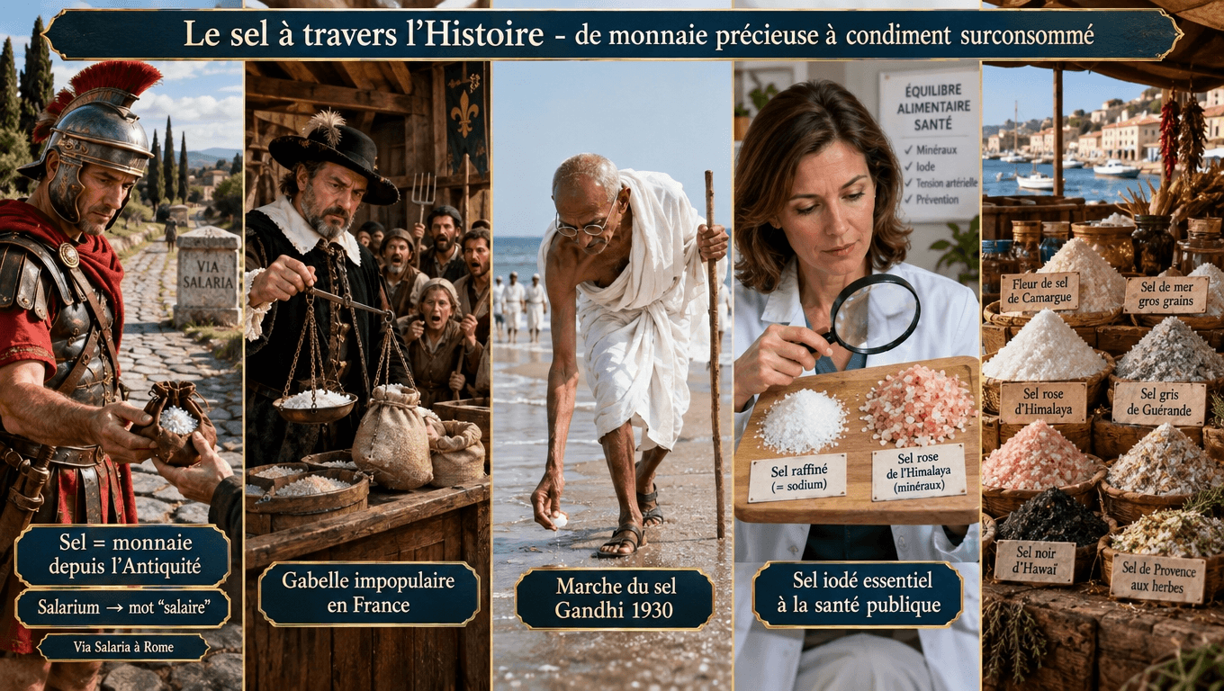 « Via Salaria romaine (naissance du mot 'salaire'), gabelle française déclencheur révolutionnaire et Marche du sel de Gandhi 1930 : oublier l'histoire du sel, c'est oublier la racine de notre alimentation. Raffiné vs naturel — oligo-éléments négligeables, vigilance sur l'iode. »