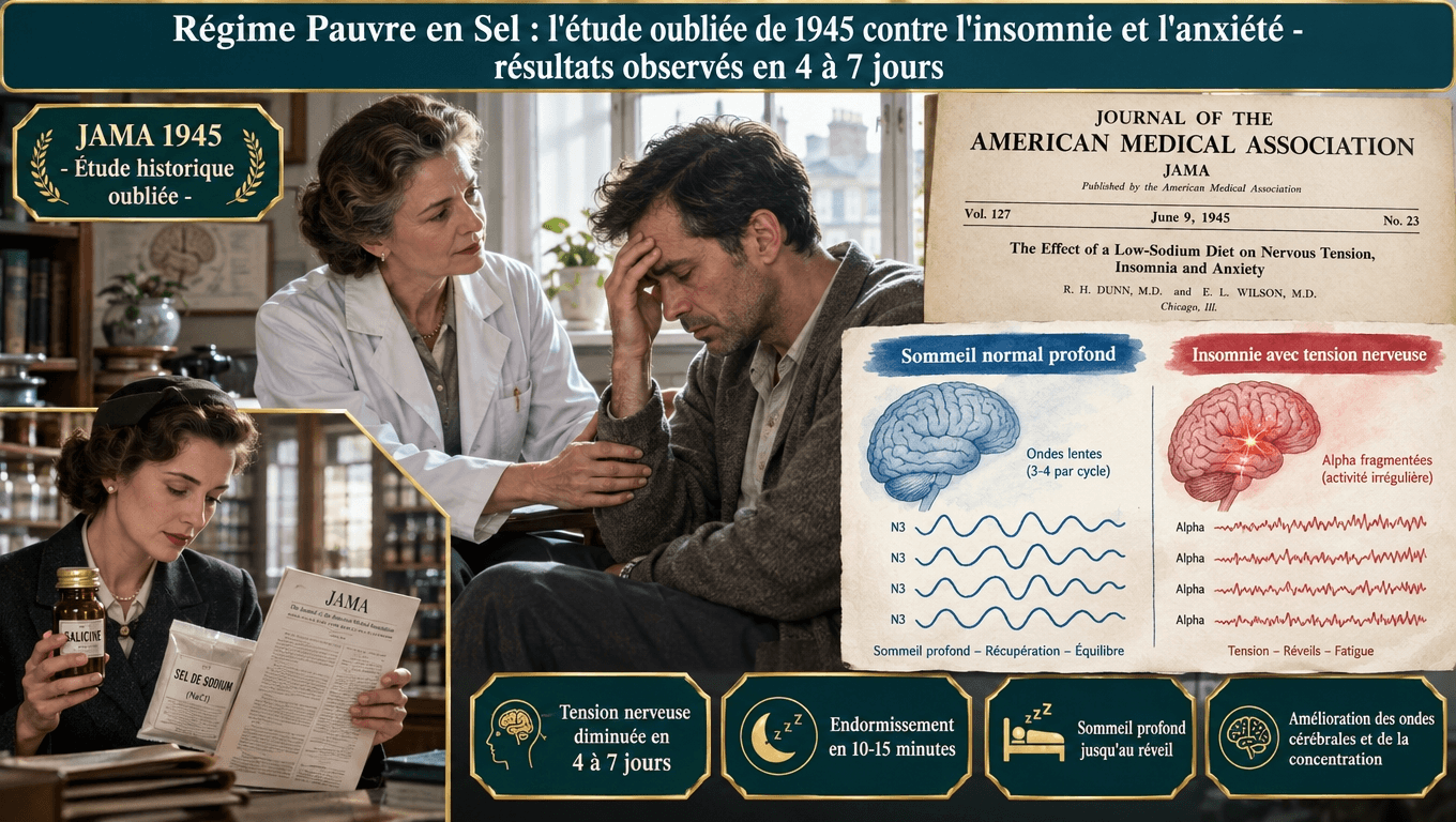 « JAMA 1945 : régime pauvre en sel → endormissement en 10-15 min en 4 à 7 jours, sommeil profond, ondes EEG améliorées. Étude oubliée confirmée par la recherche moderne sur l'axe cerveau-rein. »