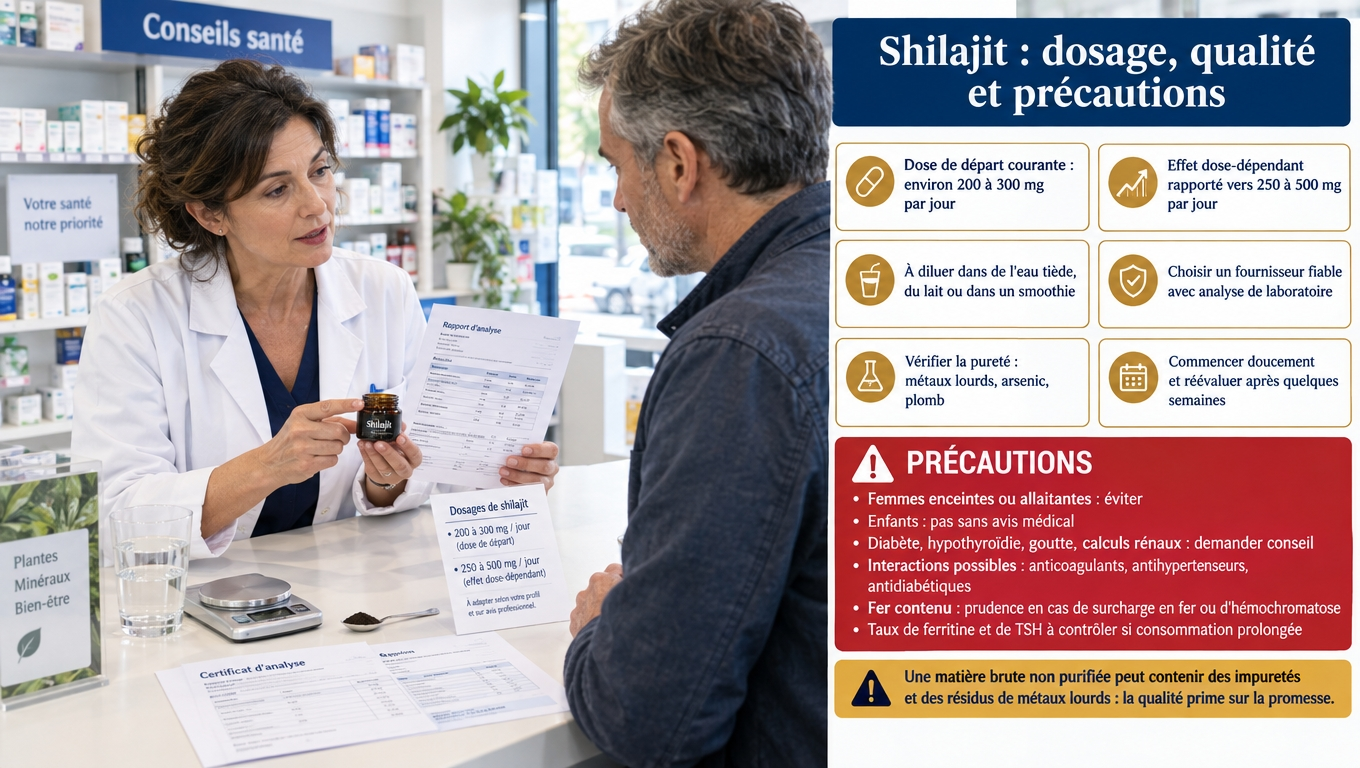 200 à 300 mg par jour pour débuter, dilution dans une boisson tiède, analyse de laboratoire obligatoire pour éviter le plomb et l'arsenic, et contre-indications à connaître avant tout achat.