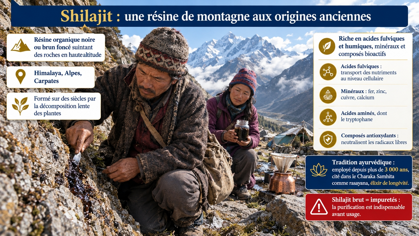 Résine noire suintant des roches himalayennes, formée sur des siècles et citée depuis plus de 3 000 ans dans le Charaka Samhita : origine, composition et purification du Shilajit.