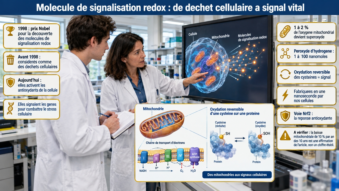 La signalisation redox : des espèces réactives devenues signaux physiologiques (prix Nobel 1998, oxydation réversible des cystéines, voie Nrf2) — et non de simples déchets cellulaires.