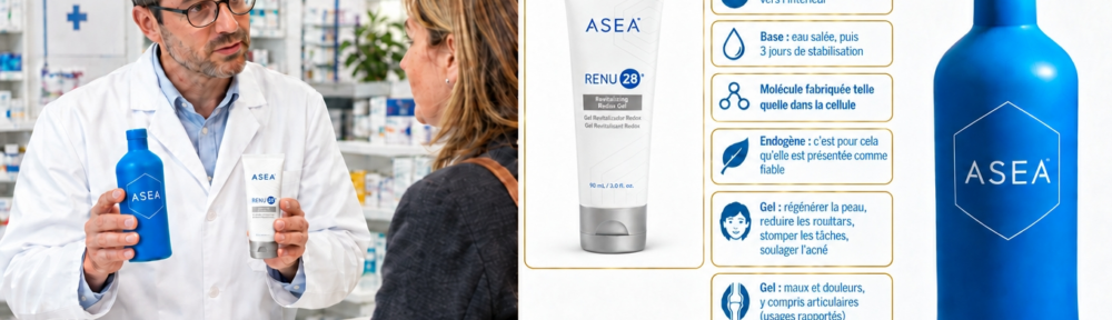 Pharmacien présentant à une cliente d'environ 45 ans une bouteille d'ASEA Redox et un tube de gel.Renu28