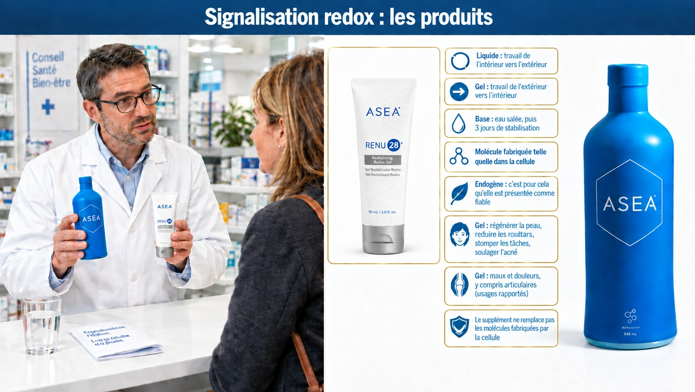une bouteille d'ASEA Redox liquide et un gel de Renu28 obtenus à partir d'eau salée puis soumis à un processus de trois jours destiné à stabiliser les molécules.