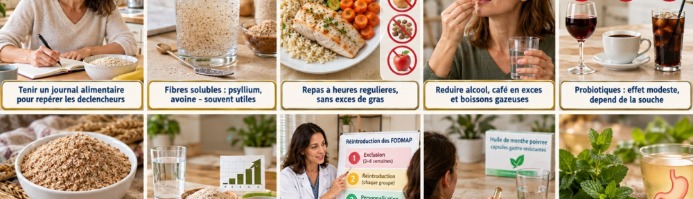 Collage réaliste : femme d'environ 40 ans tenant un journal alimentaire près d'un bol de flocons d'avoine et d'une banane ; psyllium et avoine dans un verre d'eau ; assiette pauvre en FODMAP (riz, courgette, carotte, poisson) avec icônes barrées d'ail, d'oignon et de légumineuses ; femme prenant une capsule de menthe poivrée ; diététicienne expliquant une fiche de réintroduction FODMAP.