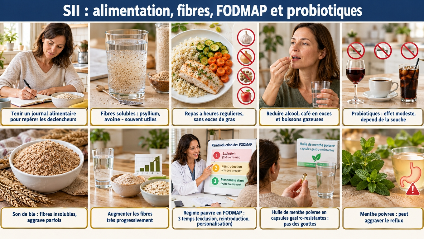 SII : fibres solubles (psyllium, avoine) souvent utiles, son de blé à éviter ; régime pauvre en FODMAP en 3 temps avec un diététicien ; capsules gastro‑résistantes de menthe poivrée.