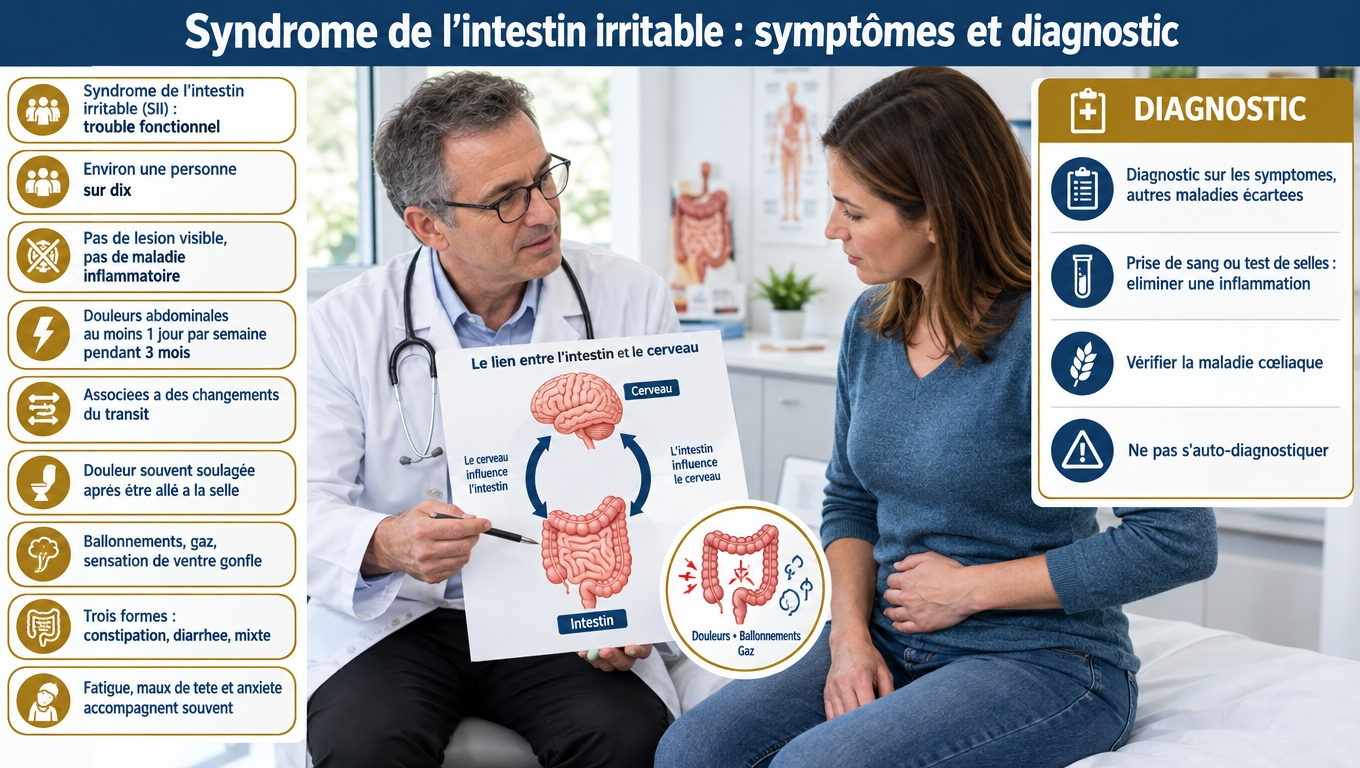 SII : trouble fonctionnel (1 personne sur 10), douleurs ≥ 1 jour/semaine pendant 3 mois avec transit modifié, axe intestin‑cerveau perturbé — diagnostic sur symptômes, sans s'auto‑diagnostiquer.