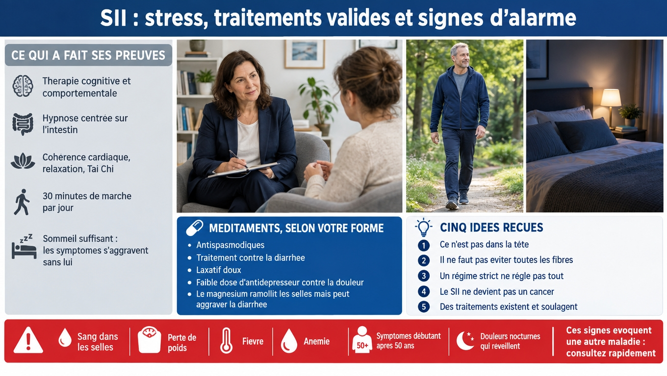 SII : TCC et hypnose intestinale efficaces, marche 30 min, médicaments selon la forme ; sang dans les selles, perte de poids, fièvre ou anémie = consulter, ce n'est plus un SII.