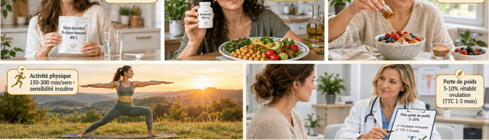 Cinq photographies : une femme de 32 ans dans une cuisine claire avec un sachet de myo-inositol D-chiro-inositol (ratio 40:1) ; une femme méditerranéenne de 35 ans à son petit-déjeuner méditerranéen, flacon de berbérine 500 mg × 2–3/jour ; une femme de 28 ans saupoudrant de la cannelle de Ceylan sur un pudding de chia aux fruits rouges ; une femme de 30 ans pratiquant le yoga (posture du guerrier) en plein air au lever du soleil ; une femme de 36 ans en consultation chez une endocrinologue de 45 ans, dossier montrant perte de 5–10 % du poids et reprise de l'ovulation.