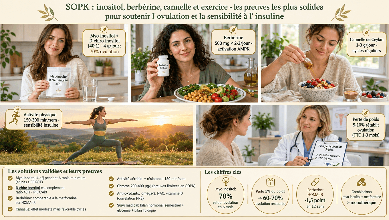 Myo-inositol 4 g/j (ratio 40:1) 60–70 % ovulation en 6 mois, berbérine comparable à la metformine, cannelle, exercice 150 min/sem, perte 5–10 % : la combinaison validée par 30+ RCT.