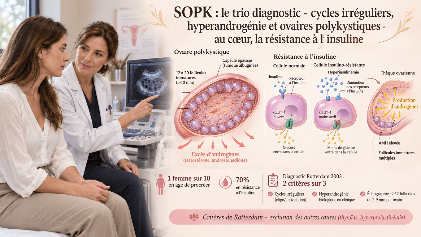 1 femme sur 10 ; résistance à l'insuline (70 %) → hyperandrogénie → dysovulation ; critères de Rotterdam 2/3, AMH élevée.