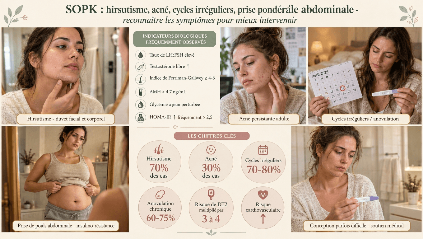 Hirsutisme 70 %, acné 30 %, cycles irréguliers 70–80 %, anovulation 60–75 %, prise de poids androïde 40–60 % — repérer les signes cutanés et hormonaux.