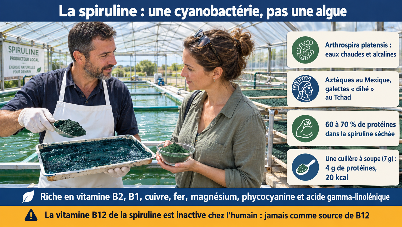  « Spiruline (Arthrospira platensis) : cyanobactérie et non algue, 60 à 70 % de protéines, 7 g = 4 g de protéines pour 20 kcal, mais B12 inactive chez l'humain. »