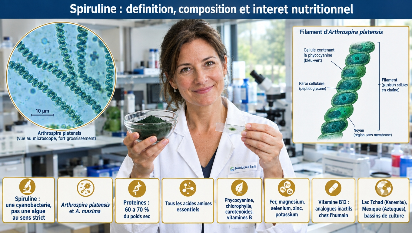 Cyanobactérie Arthrospira et non algue : 60 à 70 % de protéines, tous les acides aminés essentiels, phycocyanine et minéraux — mais une vitamine B12 inactive chez l'humain.