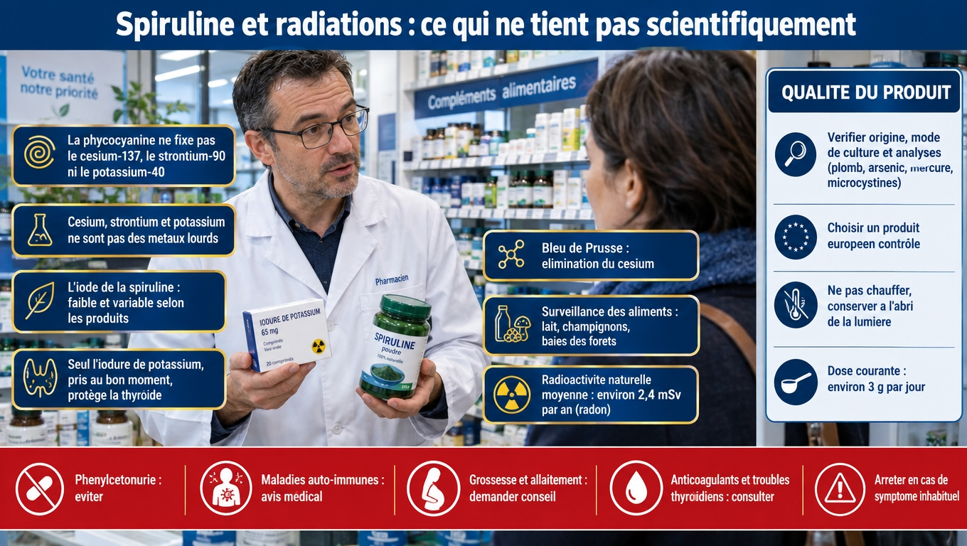 Phycocyanine ≠ chélateur du césium ; l'iode de la spiruline ne remplace pas l'iodure de potassium — 2,4 mSv/an de radioactivité naturelle, qualité et dosage à contrôler (≈ 3 g/j).