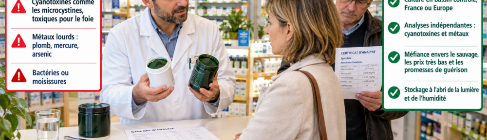 « Pharmacien présentant deux pots de spiruline sans marque à une cliente de 48 ans tandis qu'un homme de 58 ans lit un certificat d'analyses dans une officine française ; verre d'eau, cuillère métallique de poudre verte et rapport d'analyse sur le comptoir ; infographie française sur les contaminants, le choix du produit et les doses prudentes. »