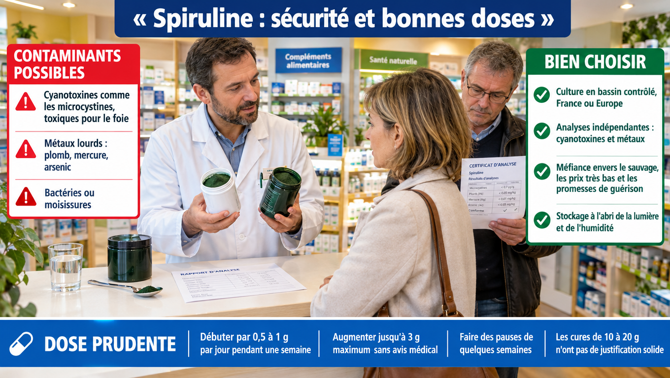 « Spiruline : contaminants (microcystines, métaux lourds), critères de choix, contre-indications et doses prudentes de 0,5 à 3 g par jour maximum. »
