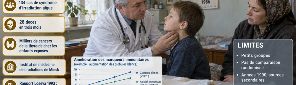 Pédiatre d'Europe de l'Est, cheveux gris, en blouse blanche, auscultant un enfant d'environ 8 ans dans un cabinet rural modeste, la mère assise à côté ; au mur, un calendrier indiquant « 26 avril 1986 » ; en surimpression, une courbe d'amélioration des marqueurs immunitaires, une frise 1986 → 1993 → 1994 et un encadré « LIMITES ».