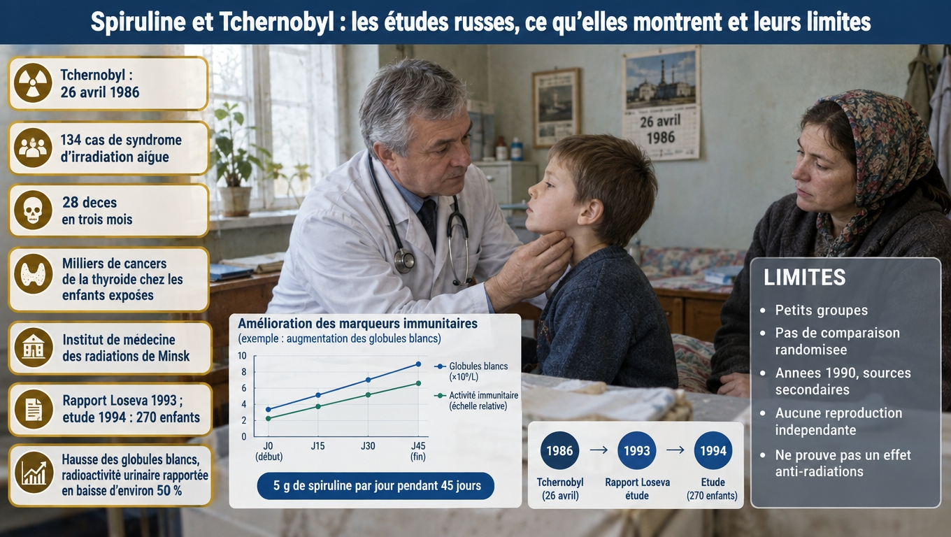Tchernobyl 1986 : 134 syndromes d'irradiation aiguë, 28 décès. Études de Minsk (5 g/j, 45 jours) prometteuses mais anciennes, non randomisées et jamais reproduites.
