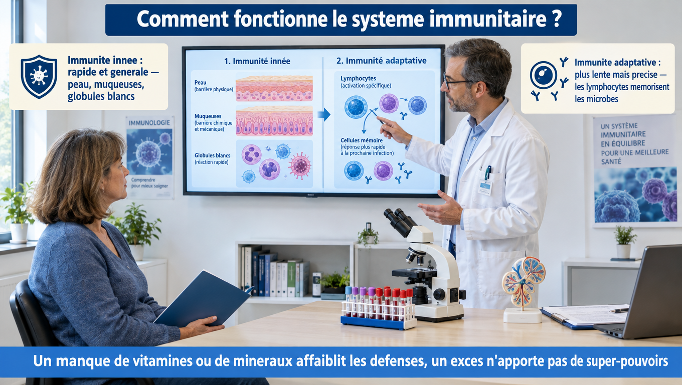 « Immunité innée et immunité adaptative : le rôle de la peau, des muqueuses, des globules blancs et des lymphocytes, et pourquoi aucun complément ne remplace la vaccination. »