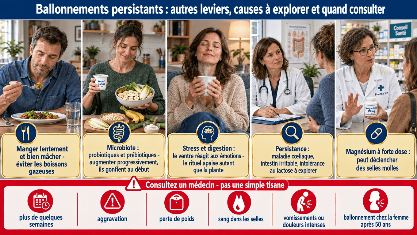 « Tisanes + lever de la cause : mâcher lentement, limiter les gaz, probiotiques/prébiotiques, hydratation, gestion du stress. Persistance : cœliaque (1 %), SII (5‑10 %), lactose (30‑50 %), SIBO, magnésium. Sang, perte de poids, douleurs, femme > 50 ans → médecin. »
