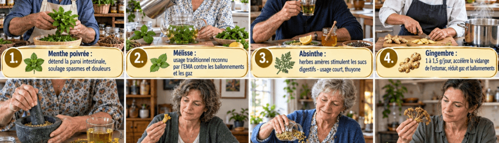 Collage photographique de huit panneaux disposés en deux rangées de quatre. Panneau 1 : herboriste français (50 ans, barbe grise, tablier de lin) dans une herboristerie artisanale française tenant une botte de menthe poivrée fraîche au‑dessus d'un bol ; badge doré « 1. Menthe poivrée : détend la paroi intestinale, soulage spasmes et douleurs ». Panneau 2 : femme française (38 ans) versant de l'eau chaude sur des feuilles de mélisse dans une théière transparente, cuisine lumineuse ; badge « 2. Mélisse : usage traditionnel reconnu par l'EMA contre les ballonnements et les gaz ». Panneau 3 : homme français (45 ans) à une table rustique en bois, tenant un petit verre de tisane verte très amère avec une rondelle de citron et un pot de miel posé à côté ; badge « 3. Absinthe : herbes amères stimulent les sucs digestifs — usage court, thuyone ». Panneau 4 : cuisinier français (40 ans, tablier) tranchant du gingembre frais sur une planche, marmite d'eau bouillante à proximité ; badge « 4. Gingembre : 1 à 1,5 g/jour, accélère la vidange de l'estomac, réduit gaz et ballonnements ». Panneau 5 : gros plan des mains d'une femme française écrasant des graines de fenouil au mortier près d'une tasse d'infusion ; badge « 5. Fenouil : graines, goût d'anis — étude en maison de retraite, +4 selles en 28 jours ». Panneau 6 : femme française (55 ans) tenant une racine de gentiane jaune séchée au‑dessus d'une tasse avec des fleurs de camomille à côté ; badge « 6. Gentiane : composés amers stimulent la bile — éviter si ulcère ou reflux ». Panneau 7 : femme française âgée (65 ans) versant des fleurs de camomille dans une théière, cuisine ensoleillée ; badge « 7. Camomille : tradition contre l'indigestion et les gaz, prudence si allergie aux astéracées ». Panneau 8 : femme française (48 ans) dans une cuisine présentant une racine d'angélique séchée avec des feuilles de mélisse à côté ; badge « 8. Racine d'angélique : stimule les sucs digestifs — prudence pendant la grossesse ».