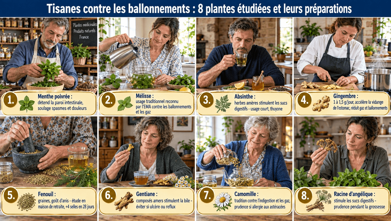 « 8 tisanes : menthe poivrée, mélisse, absinthe, gingembre, fenouil, gentiane, camomille, angélique. Preuves souvent limitées (extraits, capsules, études animales) — préparations exactes et précautions : thuyone, anéthole, astéracées, photosensibilité. »