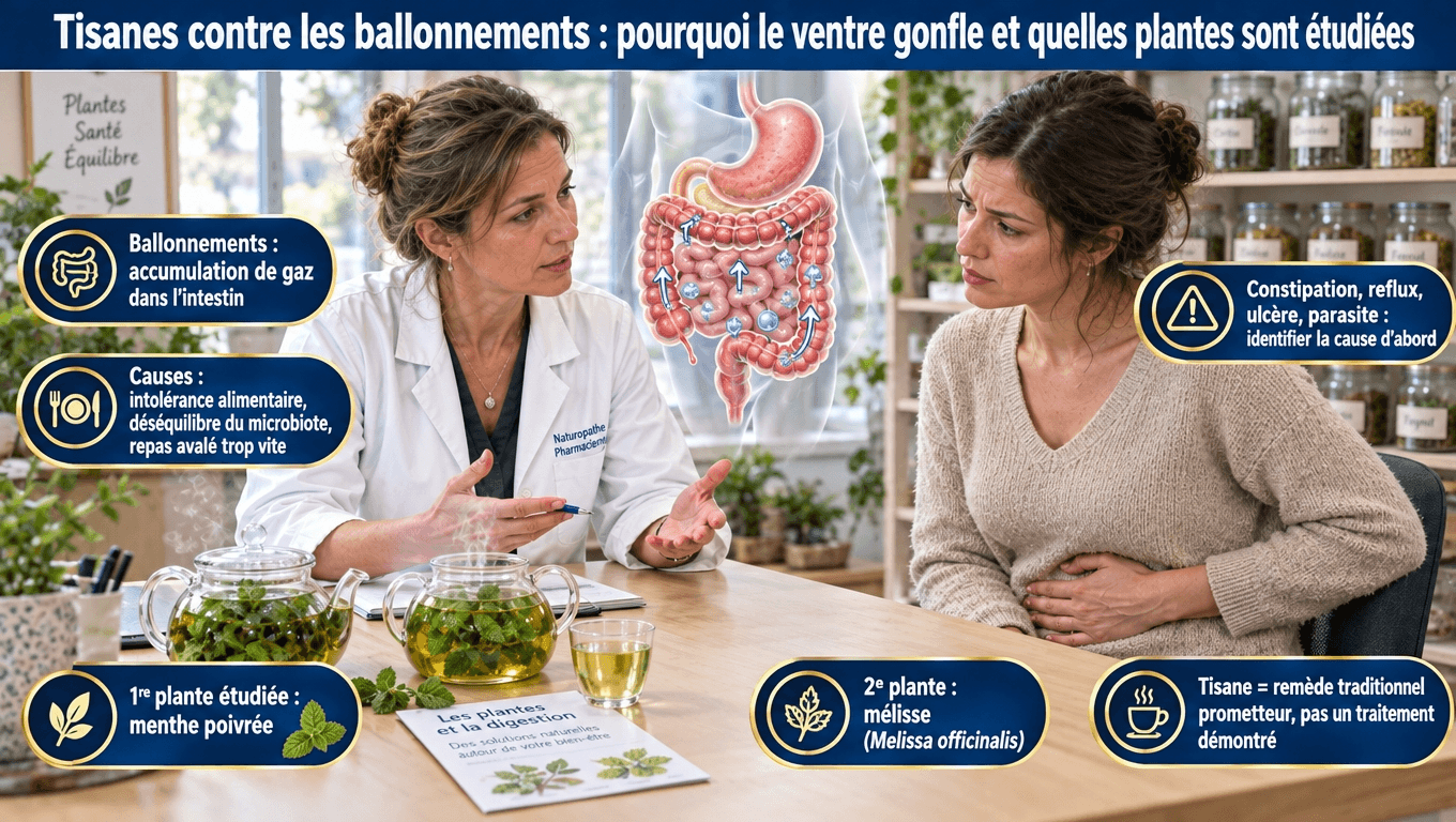 « Ballonnements : 10‑30 % des adultes, 75‑90 % des patients SII. Gaz, dysbiose, aérophagie, constipation. Menthe poivrée : capsules d'HE efficaces (NNT ≈ 3) mais tisane non testée, attention au reflux. Mélisse : usage traditionnel reconnu par l'EMA. »