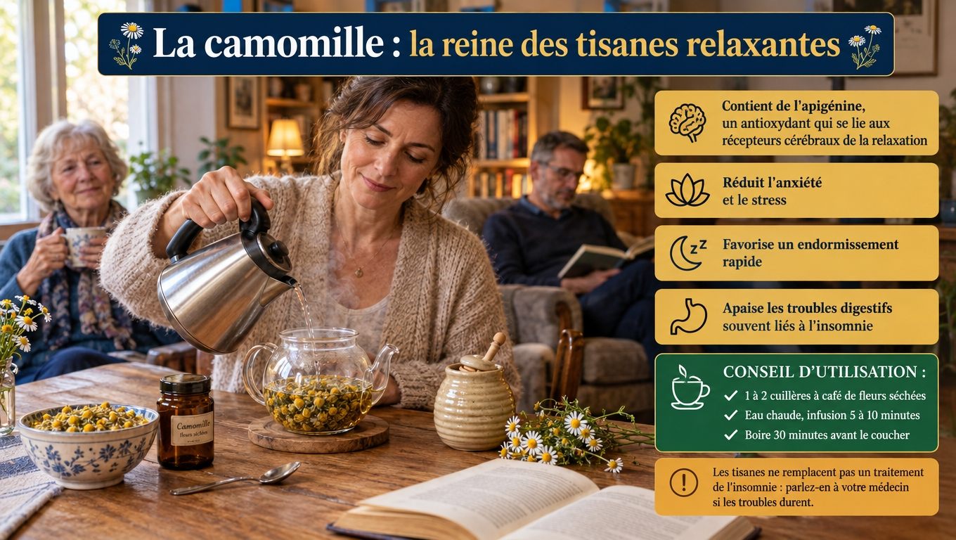 Apigénine, récepteurs cérébraux de la relaxation et digestion apaisée : la camomille, 1 à 2 cuillères à café infusées 5 à 10 minutes, 30 minutes avant le coucher.