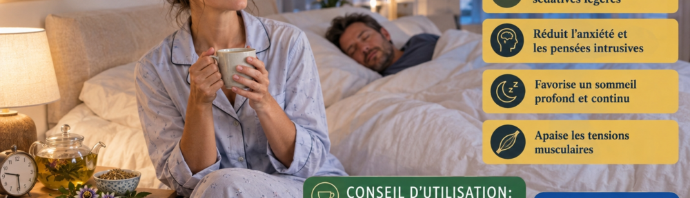 Femme réelle d'environ 38 ans, en pyjama confortable, assise au bord de son lit, tenant à deux mains une tasse chaude de passiflore, le regard calme et la respiration lente ; sur la table de nuit, théière transparente avec l'infusion, petit bol d'herbe de passiflore séchée, brin de passiflore fraîche avec ses fleurs caractéristiques, livre, lampe et réveil indiquant neuf heures et demie ; son partenaire réel d'environ 40 ans dort calmement sous la couette ; encadrés français sur les effets et le mode d'emploi.