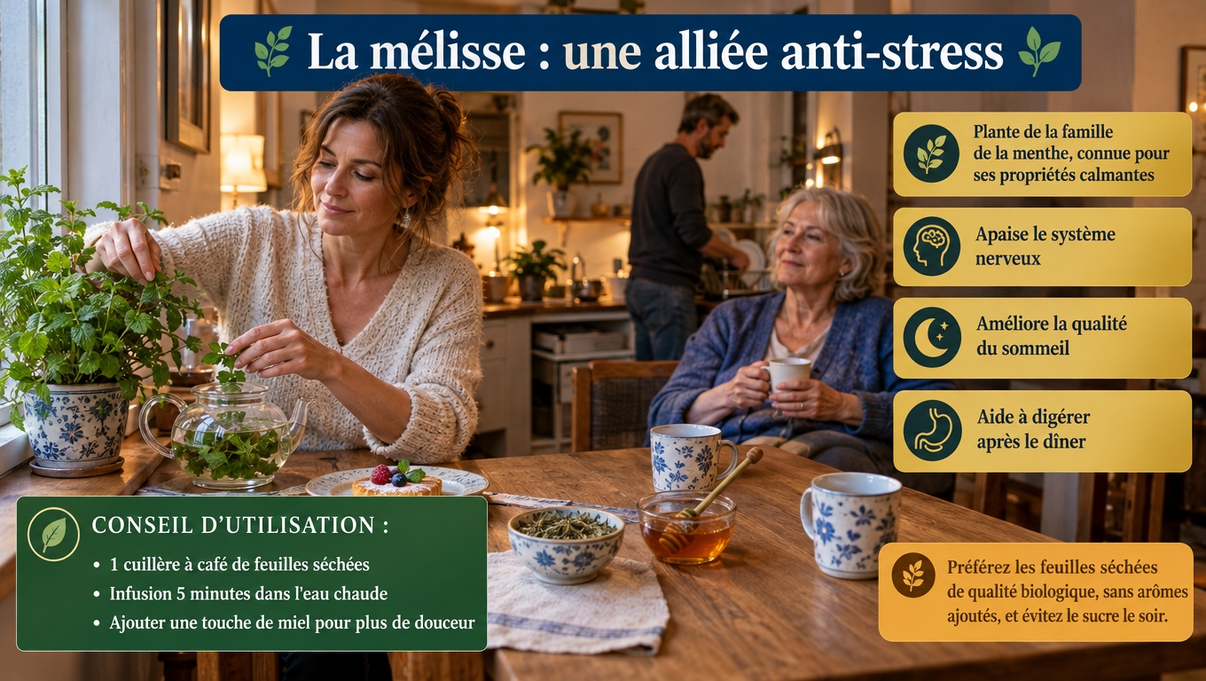 Anti-stress et digestion du soir : la mélisse, 1 cuillère à café de feuilles infusées 5 minutes, sans sucre ajouté ni arôme artificiel.