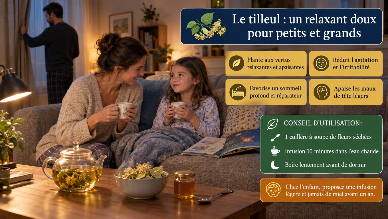 Agitation, irritabilité et maux de tête légers : le tilleul, 1 cuillère à soupe de fleurs infusée 10 minutes, le relaxant doux des enfants comme des adultes.