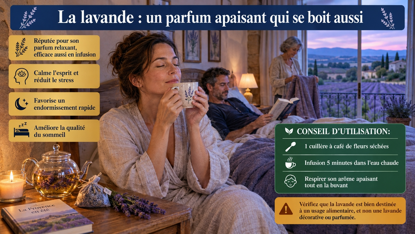 Parfum apaisant et infusion : la lavande, 1 cuillère à café de fleurs infusée 5 minutes — à condition de choisir une lavande alimentaire, pas décorative.