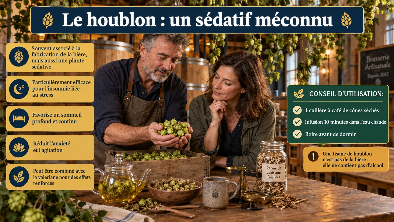 Cônes de houblon infusés 10 minutes contre l'insomnie liée au stress, combinables à la valériane — et sans alcool, contrairement à la bière.