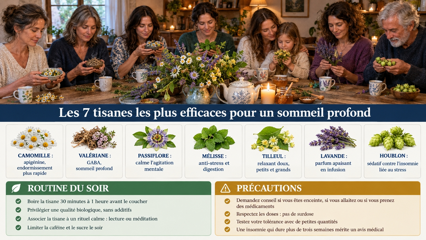 Les sept plantes du sommeil en un tableau : camomille, valériane, passiflore, mélisse, tilleul, lavande, houblon — avec la routine du soir et les précautions essentielles.