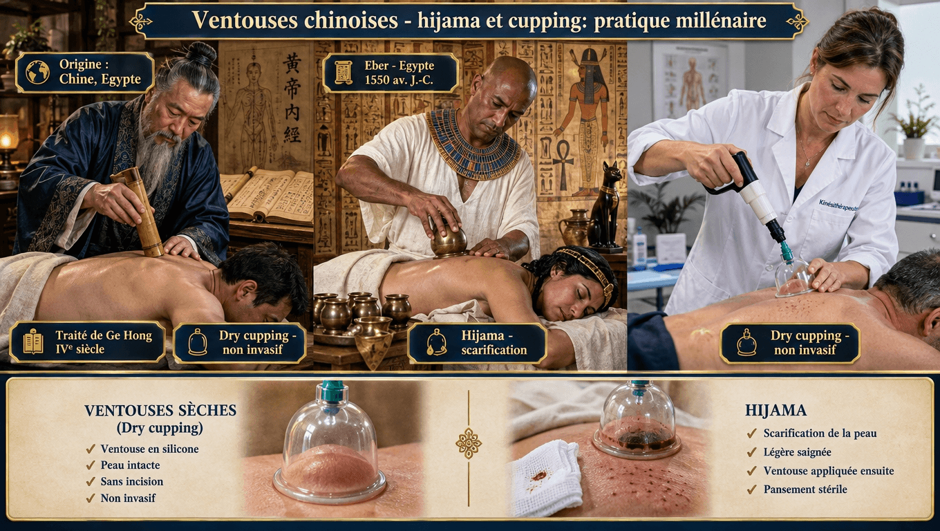 « Ventouses : 3 500 ans d'histoire — Ge Hong IVe siècle en Chine, papyrus d'Eber en Égypte antique, hijama arabe. Aujourd'hui : dry cupping non invasif vs hijama invasive. Visibilité olympique Rio 2016 avec Michael Phelps. »
