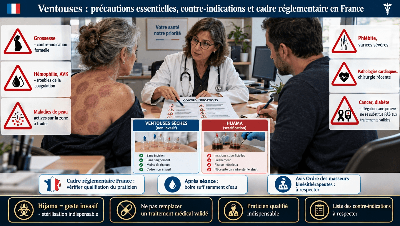 « Ventouses : contre-indications absolues = grossesse, AVK/AOD, hémophilie, phlébite, plaies. Hijama = geste invasif, stérilisation indispensable. Avis Ordre kinés 2017 : kinésithérapeutes ne peuvent pas Cupper. Vérifiez la qualification du praticien. »