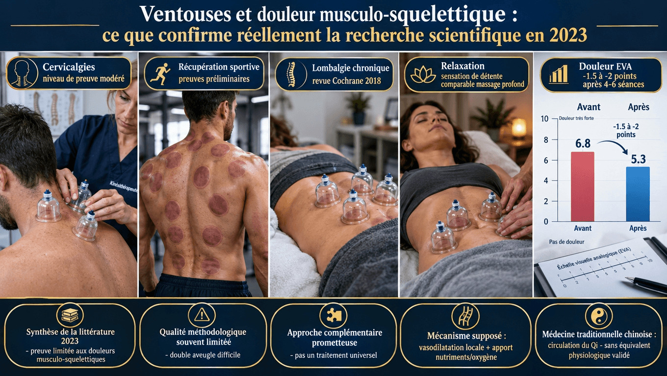 « Synthèse 2023 : ventouses concentrent leurs preuves sur douleurs cervicales et lombaires (EVA -1,5 à -2 pt). Récupération sportive : effet subjectif sans marqueurs objectifs. Mécanisme : vasodilatation + gate control — pas de validation du concept Qi en physiologie occidentale. »