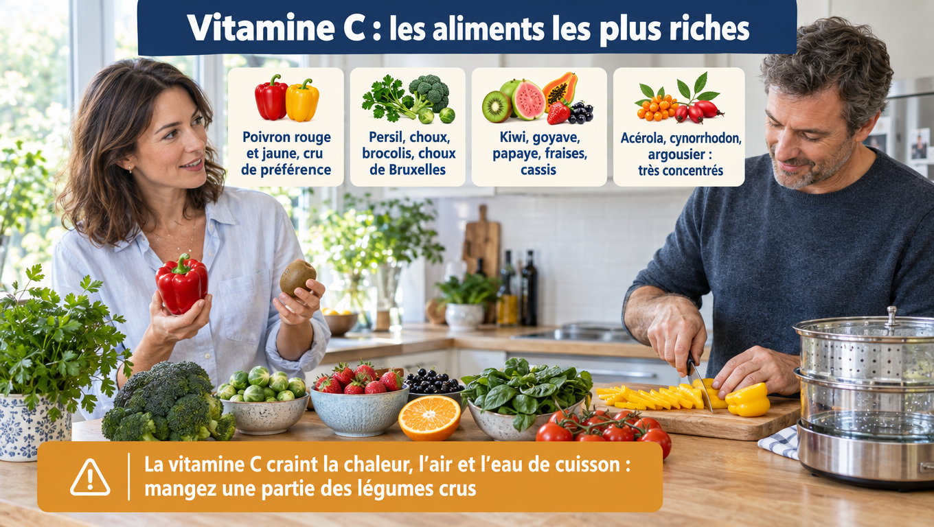 « Vitamine C : poivron cru, persil, kiwi, cassis et acérola plus riches que l'orange ; apports de 110 mg/jour et conseils pour limiter les pertes à la cuisson. »