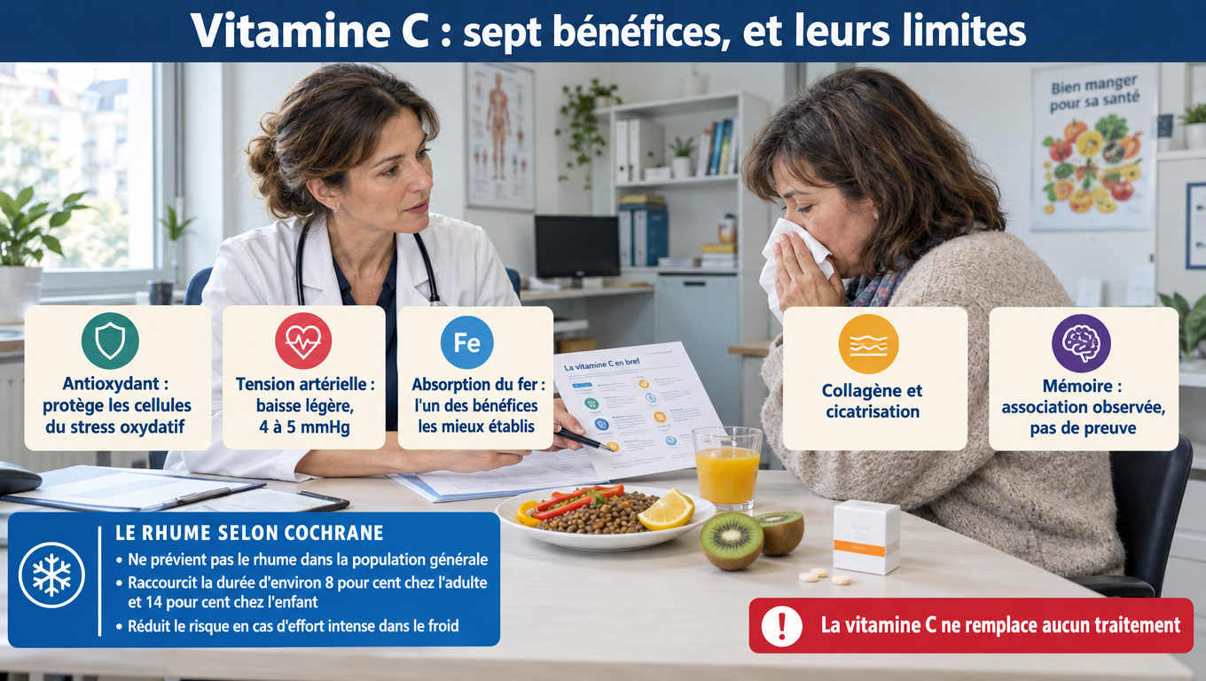 « Vitamine C : antioxydant, tension −4 à 5 mmHg, absorption du fer, collagène — mais rhume seulement raccourci de 8 % (Cochrane) et aucun effet prouvé sur la mémoire. »