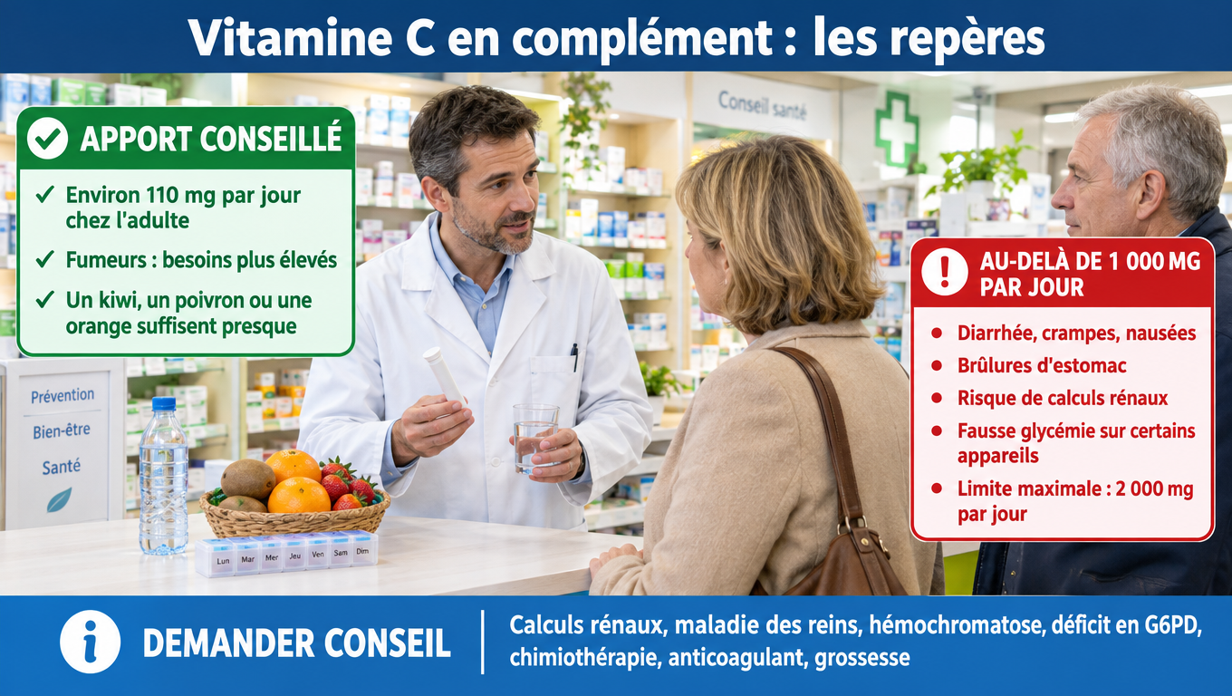 « Vitamine C en complément : effets indésirables au-delà de 1 000 mg, limite de 2 000 mg/jour, calculs rénaux, G6PD, anticoagulants et signes justifiant une consultation. »