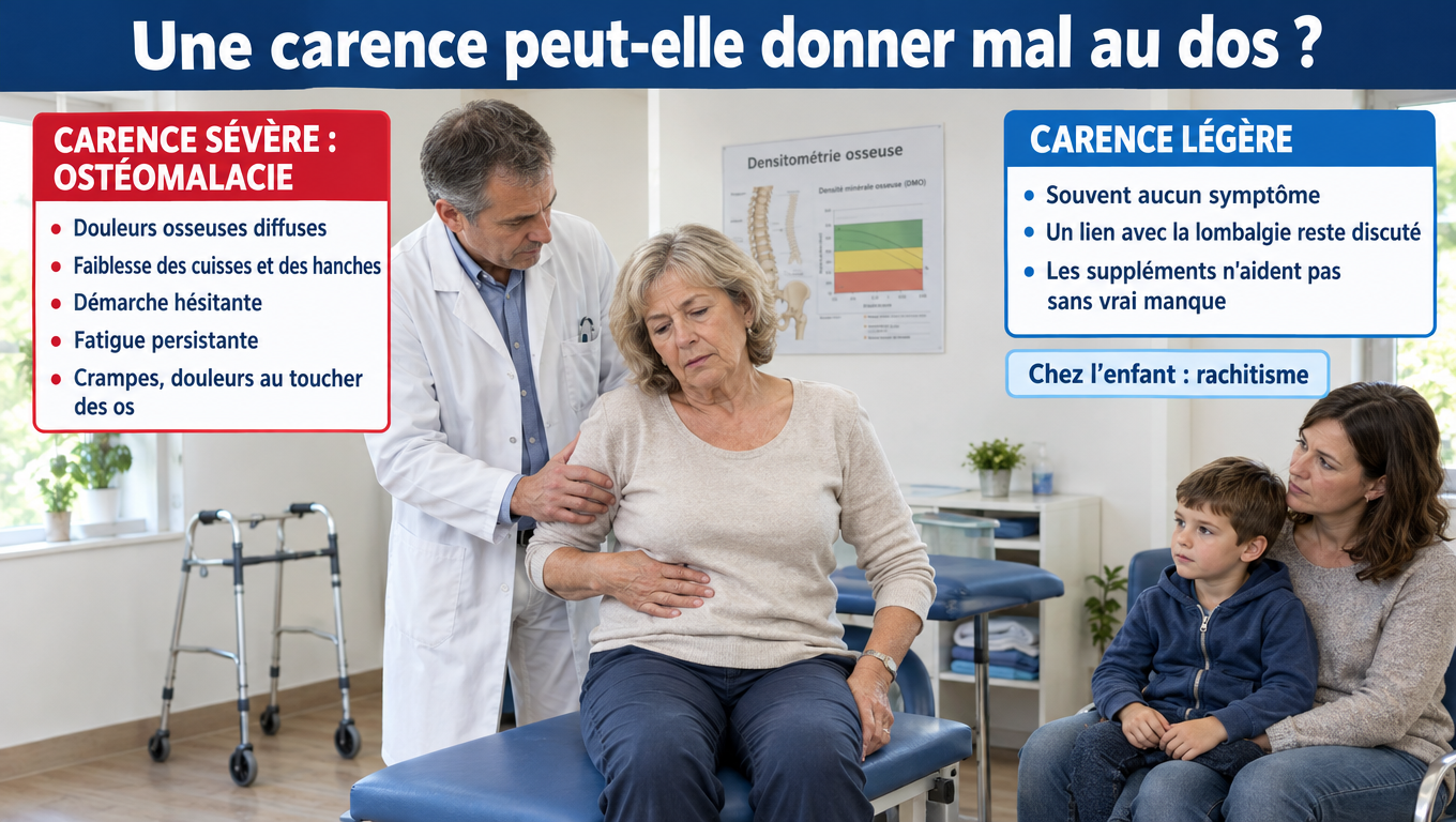 « Carence sévère (ostéomalacie, rachitisme) ou carence légère : quand la vitamine D explique réellement les douleurs de dos. »