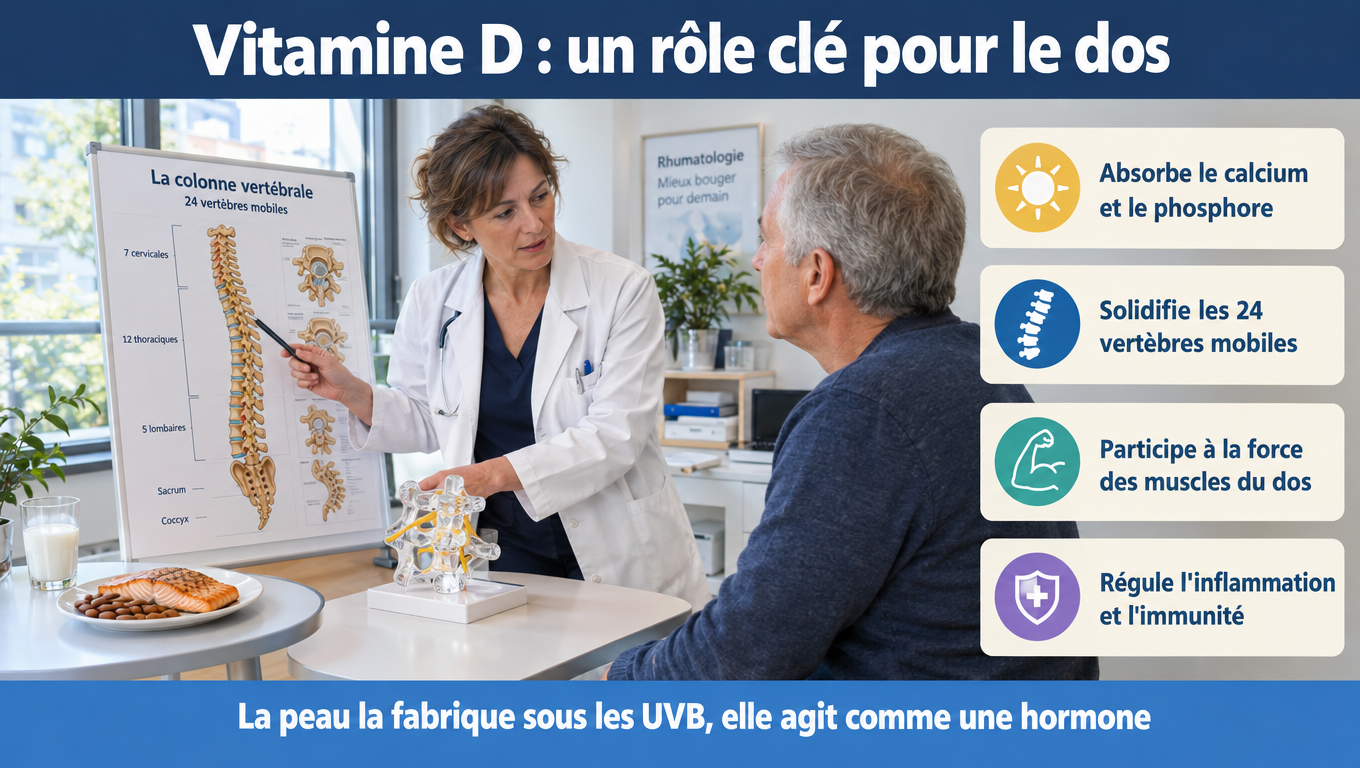 « Vitamine D et dos : absorption du calcium, densité des 24 vertèbres, force des muscles stabilisateurs et régulation de l'inflammation. »