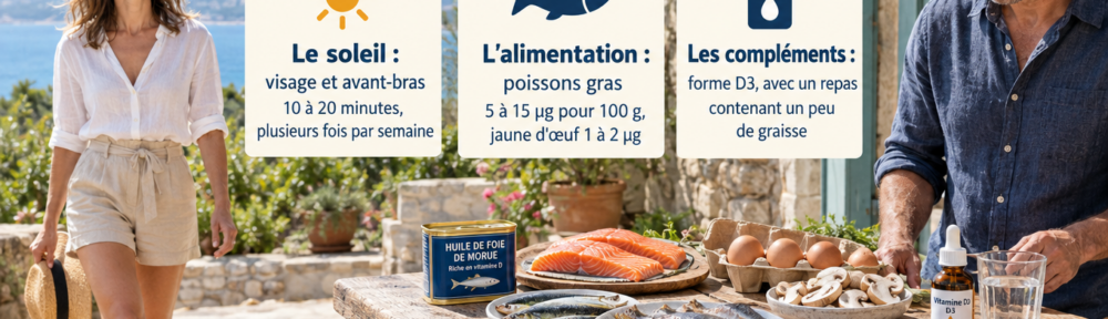 « Femme de 38 ans, avant-bras et visage exposés au soleil matinal sur une terrasse méditerranéenne, et table rustique présentant huile de foie de morue, saumon, hareng, sardines, œufs, champignons et flacon de vitamine D3 ; infographie française sur les trois sources de vitamine D et les repères de sécurité. »