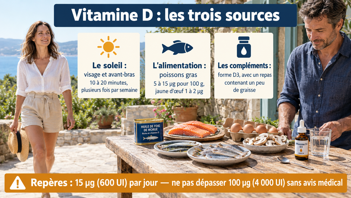 « Soleil, poissons gras, compléments D3 : les trois sources de vitamine D, les doses (15 µg/j, max 4 000 UI) et les risques d'excès. »