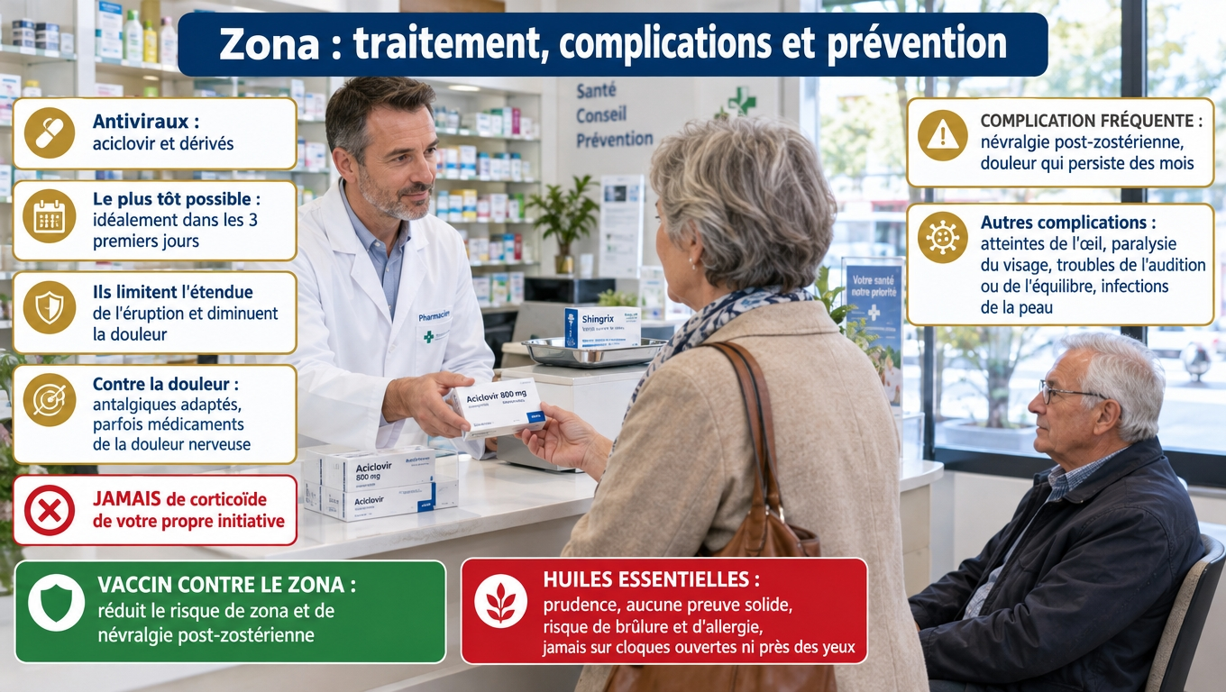 Antiviraux dans les 3 premiers jours, névralgie post-zostérienne comme complication majeure, vaccin préventif et mise en garde contre les huiles essentielles sur des cloques ouvertes.